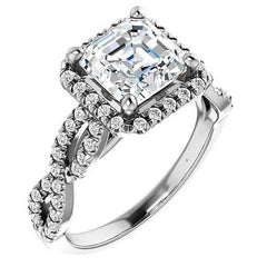 Asscher Moissanite Halo Engagement Ring with Twisted Band