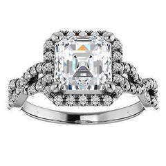 Asscher Moissanite Halo Engagement Ring with Twisted Band