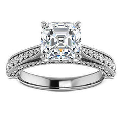 Asscher cut F Moissanite Milgrain Scroll Engagement Ring