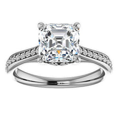 Asscher Cathedral Engagement Ring with Scroll Accents