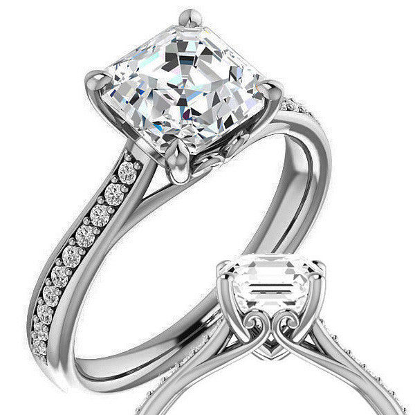 Asscher Cathedral Engagement Ring with Scroll Accents