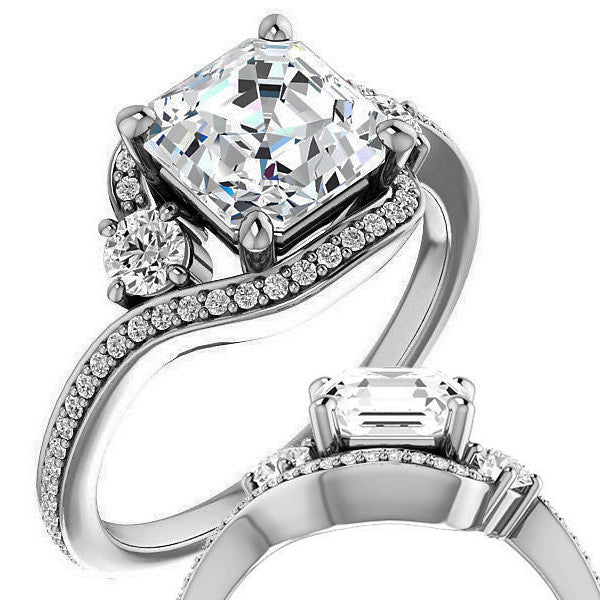 Asscher Accented Bypass Halo Engagement Ring
