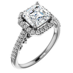 Asscher Halo Engagement Ring with Scroll Accent