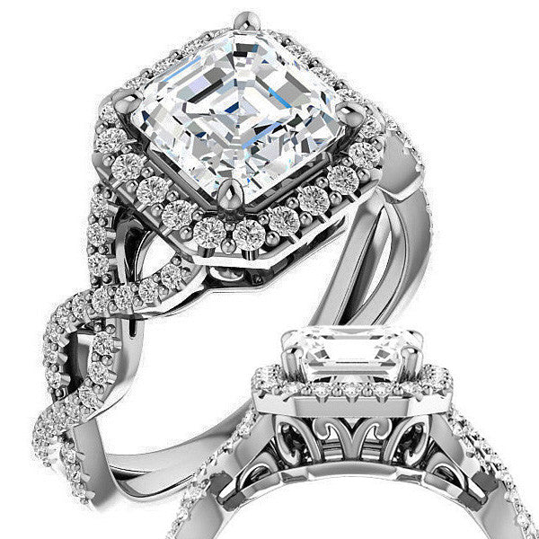 Asscher Infinity Halo Engagement Ring with Scrolls