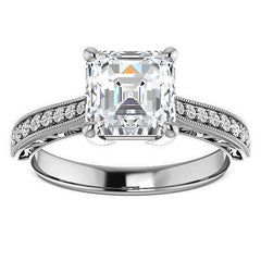 Asscher cut Engraved Engagement Ring with Milgrain
