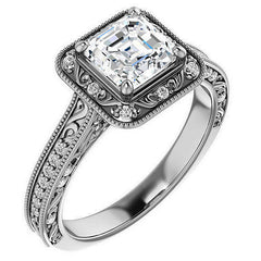 Asscher cut Scroll Accented Halo Engagement Ring