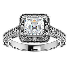 Asscher cut Scroll Accented Halo Engagement Ring