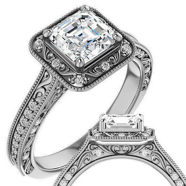 Asscher cut Scroll Accented Halo Engagement Ring