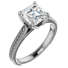Asscher Vintage-Style Engraved Ring with Tulip Prongs