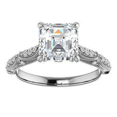 Asscher Moissanite Scalloped Engagement Ring with Milgrain