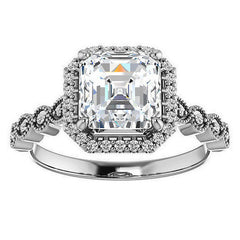 Asscher cut Scalloped Halo Engagement Ring