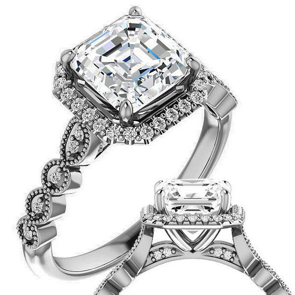 Asscher cut Scalloped Halo Engagement Ring