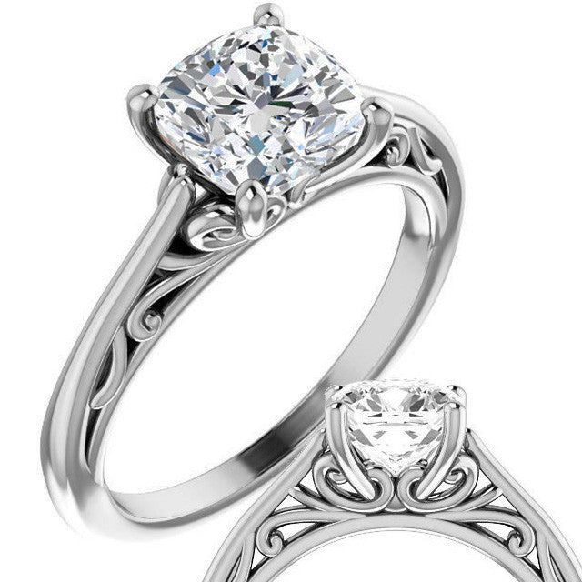 Cushion Scroll Accent Cathedral Moissanite Solitaire Ring
