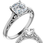 Cushion Scroll Accent Cathedral Moissanite Solitaire Ring