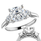 Cushion and Round Moissanite 3-Stone Ring with Scrolls