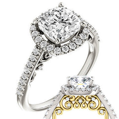 Cushion Ornate Halo Engagement Ring with Scroll Accent