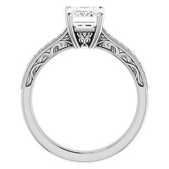 Emerald / Radiant cut Engraved Engagement Ring with Milgrain