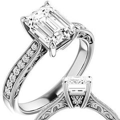 Emerald / Radiant cut Engraved Engagement Ring with Milgrain