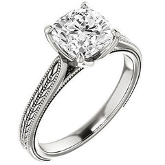 Cushion Vintage-Style Engraved Solitaire Ring with Tulip Prongs
