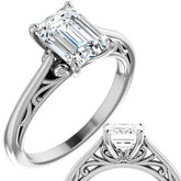 Emerald / Radiant Scroll Accent Cathedral Moissanite Solitaire Ring