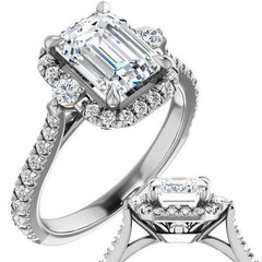 Emerald / Radiant Moissanite Cathedral Halo Engagement Ring with Claw Prongs