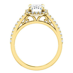 Emerald / Radiant Petite Halo Engagement Ring with Scroll Accent
