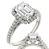 Emerald / Radiant Petite Halo Engagement Ring with Scroll Accent