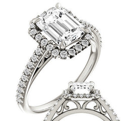 Emerald / Radiant Petite Halo Engagement Ring with Scroll Accent
