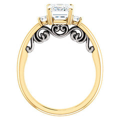 Emerald / Radiant Three-Stone Engagement Ring with Scroll Accent
