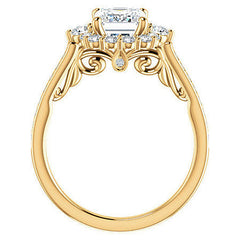 Emerald / Radiant Scroll Halo Engagement Ring with Surprise Diamonds