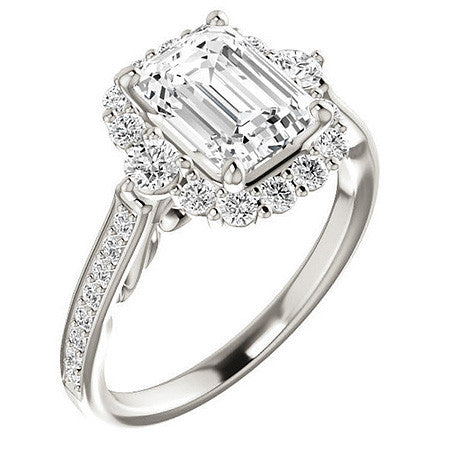 Emerald / Radiant Scroll Halo Engagement Ring with Surprise Diamonds
