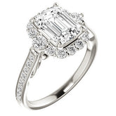 Emerald / Radiant Scroll Halo Engagement Ring with Surprise Diamonds