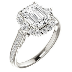 Emerald / Radiant Scroll Halo Engagement Ring with Surprise Diamonds