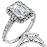 Emerald / Radiant Cut Halo Cathedral Engagement Ring
