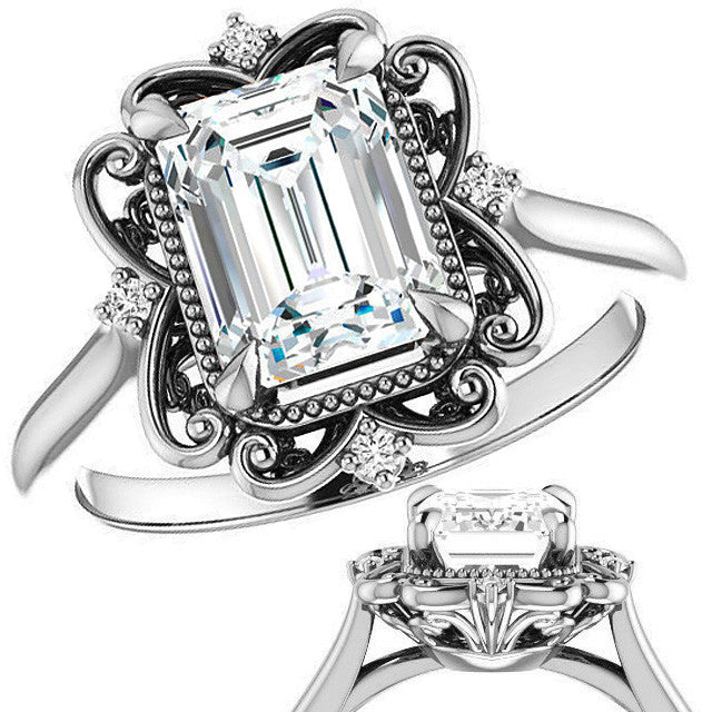 Emerald / Radiant Moissanite Cathedral Engagement Ring