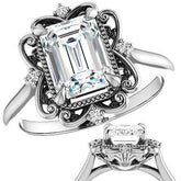 Emerald / Radiant Moissanite Cathedral Engagement Ring