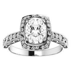 Oval Moissanite Antique Scroll Halo Engagement Ring