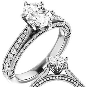 Oval Moissanite Scroll Milgrain Engagement Ring