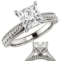 Princess Moissanite Scroll Milgrain Engagement Ring