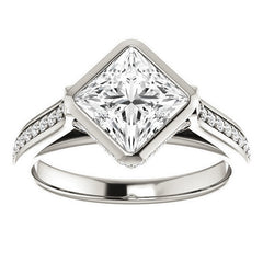 Princess cut Bezel set Cathedral Engagement Ring
