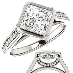 Princess cut Bezel set Cathedral Engagement Ring