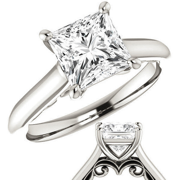 Princess Scroll Accented Solitaire Engagement Ring