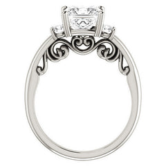 Princess Three-Stone Engagement Ring with Scroll Accent