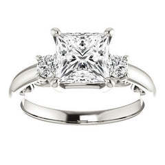 Princess Three-Stone Engagement Ring with Scroll Accent