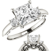 Princess Three-Stone Engagement Ring with Scroll Accent