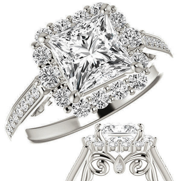 Princess Scroll Halo Engagement Ring with Surprise Diamonds