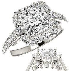 Princess Scroll Halo Engagement Ring with Surprise Diamonds