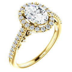 Oval Ornate Halo Engagement Ring with Scroll Accent