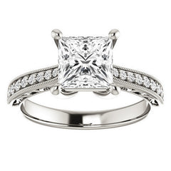 Princess cut Engraved Engagement Ring with Milgrain