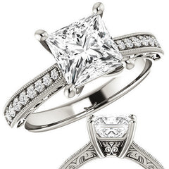 Princess cut Engraved Engagement Ring with Milgrain